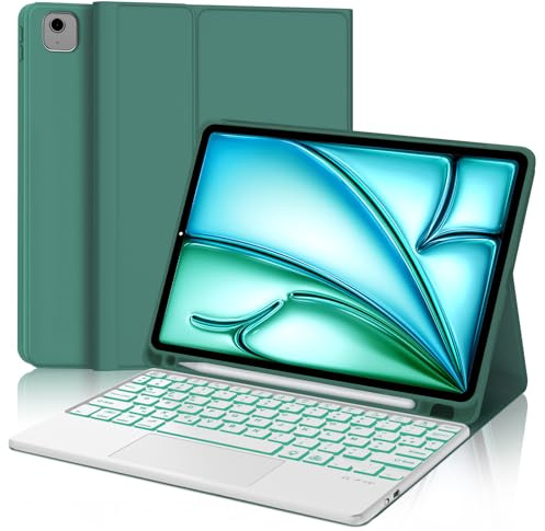JADEMALL Coque Clavier avec Trackpad pour iPad Air 11 M2/M3 2024/2025, AZERTY Français Clavier Rétroéclairé avec Pavé Tactile pour iPad Air 11 Pouces M2/M3, Détachable avec Porte-Crayon, Vert foncé