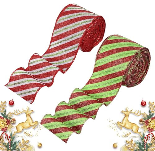 2 Rollen 5 Yard Glitzer Weihnachten Sackleinen Band, Vintage Weihnachtsband Für Weihnachte, Weihnachtliche Horizontal Gestreifte Dekobänder Für Zuhause, Baum, Fenster, Wand