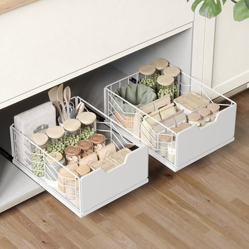 NETEL 2-Pack Pull Out Cabinet Organiser, No Drill Slide Out Drawers for Kitchen Cabinets, Pull out cabinet sliding baske, kitchen storage & organisation, 30cm pull out drawer, White