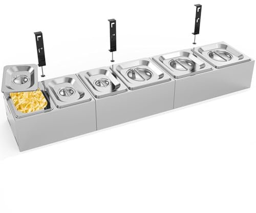 BBQMall Pizza Topping Station for Pizza Oven Table, Stainless Steel Pizza Container with 6 Seasoning Containers with Lids, for Prepping Ingredients and Toppings, Oven Accessories Outdoor