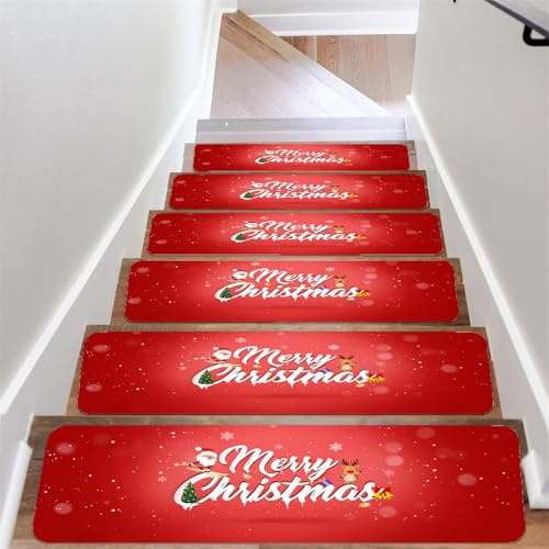 Odot Weihnachten Treppenstufen Matten, Stufenmatten, Treppenteppich, Gummimatte Außenbereich, Stufenmatten Innen, 100% Polyester TPU -Rücken für Kinder, Älteste und Haustiere (7 Stück,Weihnachten)