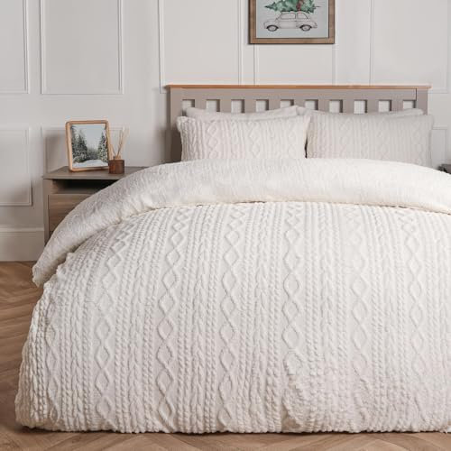 OHS King Size Duvet Quilt Covers, Cable Knit Sherpa Reverse Ultra Soft Teddy Fleece Duvet Kingsize with Pillowcases Fleece Thermal Winter Bedding - Cream