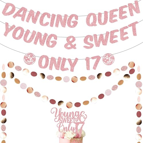 17th Dancing Queen Geburtstag Party Dekorationen - Roségold Junge und Süße Disco Banner für Mädchen, Glitzer nur 17 Cake Topper Kreis Punkt Hängend für Bachelorette Decor