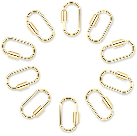 HJZHII 10pcs Screw Carabiner Lock Charms, Golden Necklace Lock Clip Keychain Clip Hook Metal Oval Keyring Holder Clasp for DIY Necklace Bracelets Jewelry Making(Gold)