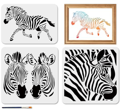 MAYJOYDIY 3 Stück Zebra Tierschablonen Laufende Zebra Schablone 30 × 30/29.7 × 21cm Wiederverwendbare Schwarz Weiß Kunstmalvorlagen Mit Pinsel Für Holz Wände Fenster Heimwerkerarbeiten Heimdekoration