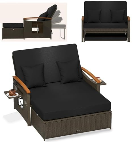 GYMAX 3 in1 Rattan Sofabett Gartenliege, Doppel Sonnenliege mit ausziehbarer Seitenablage & Hocker, Tagesbett mit 4-stufig Verstellbarer Rückenlehne & Kissen, Garten Lounge 2 Sitzer (Schwarz)