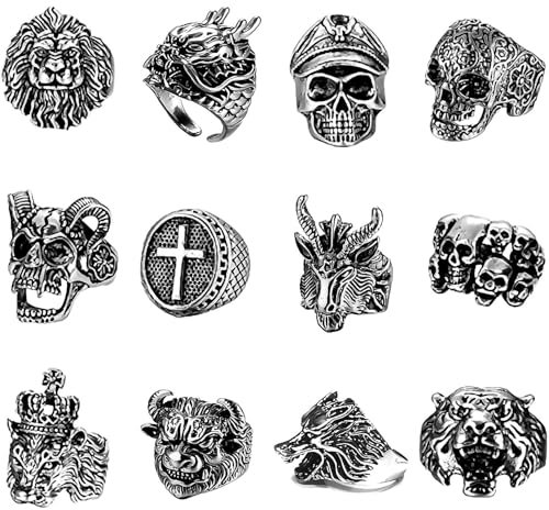 Wasise Skull Ring - 12PCS Gothic Rings, Rings for Men, Vintage Punk Ring with Dragon Skull Corss Design, Goth Punk Hip Hop Cool, Y2K Accessories, Boho Viking Knuckle Stacking for Women Man