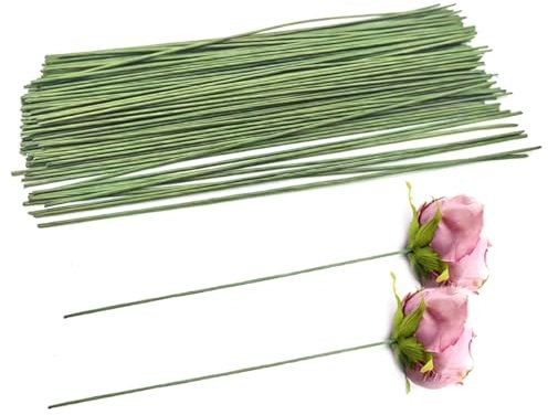 100 piezas de alambre de flores envueltas con alambre de papel verde para floristería de 24 cm, tallos de flores artificiales, alambre cubierto de papel para hacer ramos de flores artificiales