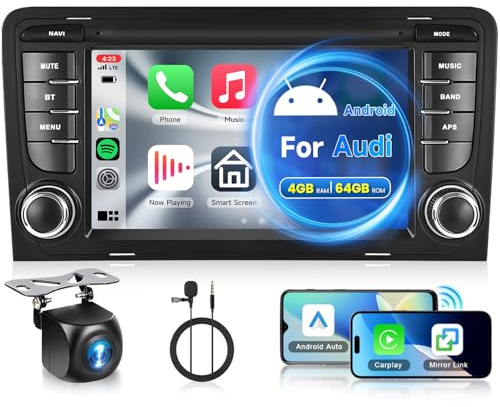 Hodozzy 8 Core 4G+64G Radio de Coche para Audi A3 2003-2012/ S3 2006-2012/ RS3 2011-2012 con Carplay Android Auto, 7 Pulgadas Pantalla Tactil con GPS WiFi Bluetooth DSP FM/RDS Radio SWC + Cámara