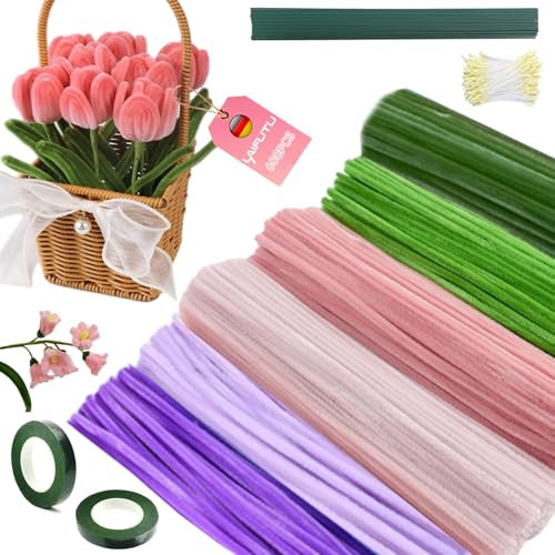 LaifuTu 600 Stück Pfeifenreiniger, Pfeifenputzer Zum Basteln mit 20 Grün Basteldraht, 100 Staubblatt, 2 Blumenband, 6 Farben Pfeifenreiniger zum Basteln, Pfeifenputzer für Blumenstrauß Tulpen DIY