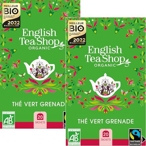 English Tea Shop - Thé vert bio grenade et pétales de rose - Boîte de 20 sachets - Lot de 2