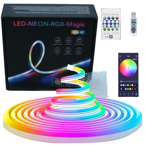 5 M RGB IC Neon Led Strip, 5V Bluetooth Led Schlauch Streifen für die Wand, LED Lichtstreifen, App Steuerung, IP67 Wasserdichte Flexible RGB LED Band Seil Lampe fürSchlafzimmer Raum Aussenbereich Deko
