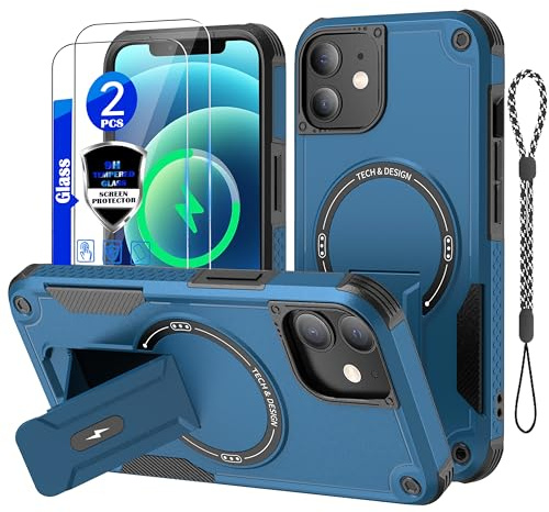 for iPhone 12 Case/iPhone 12 Pro case[Compatible with MagSafe][with 2*9H Tempered Glass Screen Protector], Built in Invisible Stand, Not fading，Shockproof Protective Phone Cover 6.1-inch(Blue)