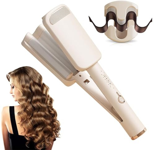 DSXVJHD Hair Waver Crimper, 32mm French Wave Curling Iron with 4 Temperature Settings, Anti-Scald Mermaid Curling Wand Hair Waver for Short and Long Hair (Beige)