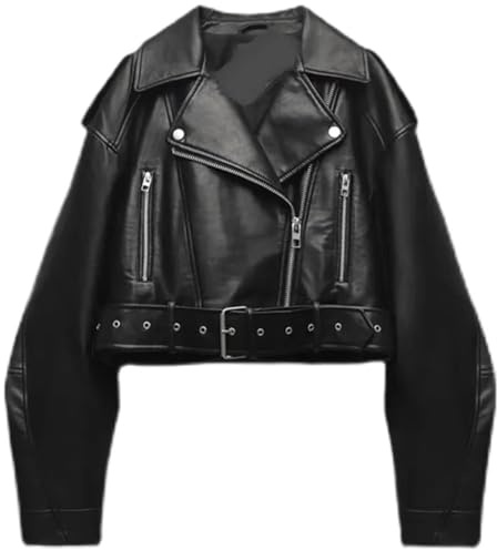 UJEDFHV Lederjacke Damen Frauen Vintage Lose Faux Leder Kurze Jacke Mit Gürtel Weibliche Zipper Mantel Outwear(S)