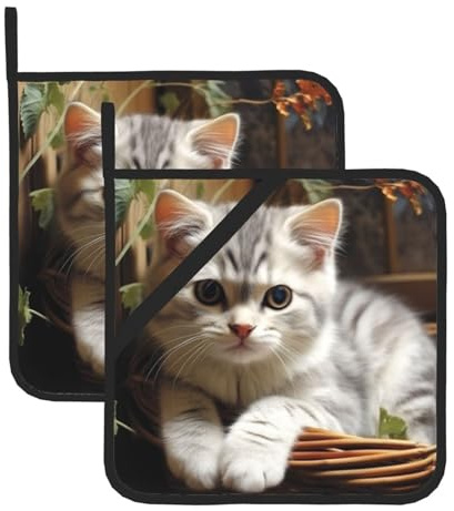 2 Topflappen mit Tasche, hitzebeständiges Topfuntersetzer für Arbeitsplatten, Topflappen mit Katzenmotiv für die Küche, zum Kochen und Backen