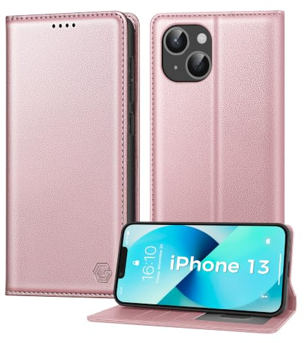 Kirnntca Handyhülle für iPhone 13 Hülle, Kartenfach Premium PU Leder Klapphülle Schutzhülle, Standfunktion Tasche Flip Case für iPhone 13 - Rosegold