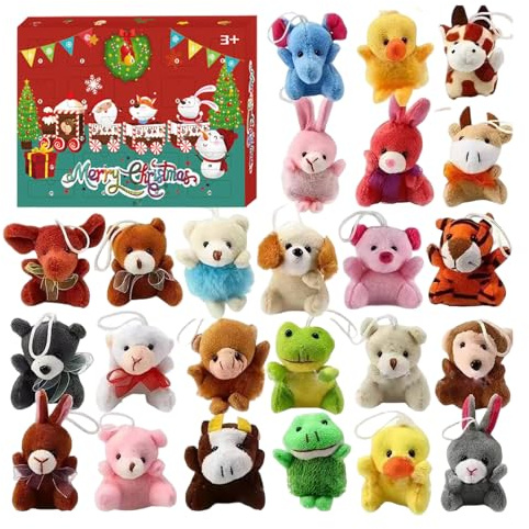 Weihnachts-Adventskalender 2025, 24 Stück, süße Kuscheltiere, Adventskalender, Plüschtiere, Weihnachtsdekoration für Mädchen und Jungen, B