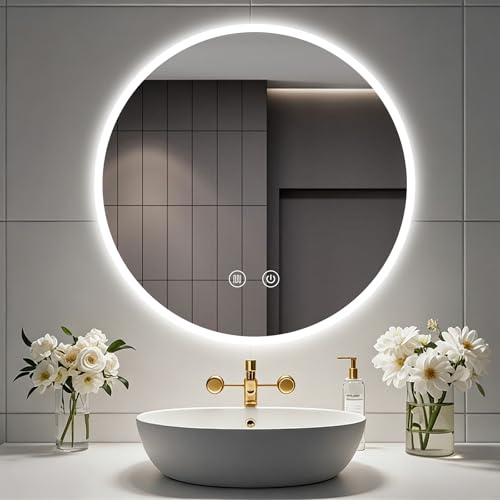 baklon Badspiegel mit Beleuchtung Rund 70cm, Badezimmerspiegel Wandspiegel und Touch-Schalter, IP65-Led-Spiegel-Bad mit Speicherfunktion, 3 Farbtemperatur,dimmbarer,Antibeschlag,HD Hartglas