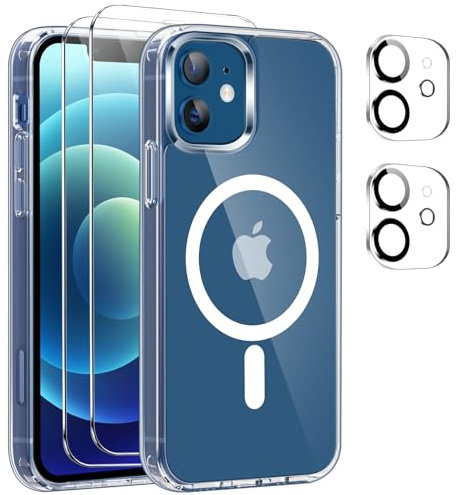 Czyoa Magnetic Cover per iPhone 12 Compatibile con 2 vetri temperati e 2 vetri per Fotocamera, Trasparente TPU Bumper Shockproof Compatible Magnetic Cover per iPhone 12 - Trasparente
