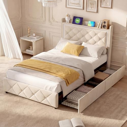 AZJSAHAH Polsterbett 90x200 cm,Stauraumbett mit 2 Schubladen Einzelbett mit Lattenrost und Stauraum Kopfteil Jugendbett mit LED und USB Stauraumbett Kinder 90x200 cm,Samt,Ohne Matratze (Beige-C)
