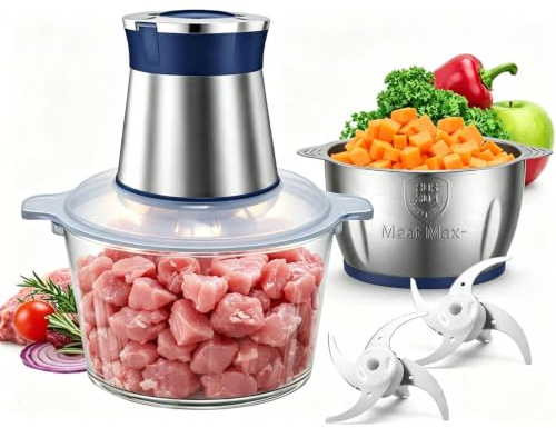 Food Processor, Electric Food Chopper with 2L Glass + 2L Stainless Steel Bowl 2pcs Bi-Level Blades Meat Grinder for Vegetables Fruits Nuts 2-Speed Control Dishwasher Safe for Baby Food Daily Meal Prep