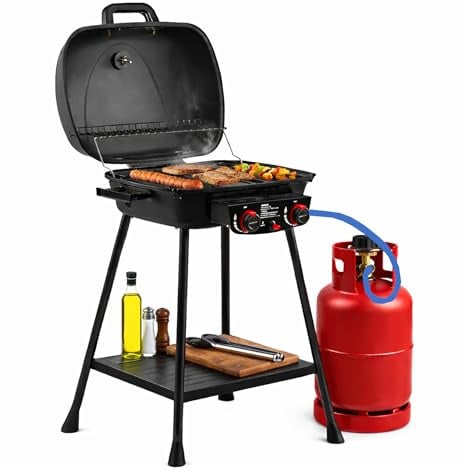 SOLEILUX Barbecue a gas 2 fuochi bbq con griglie in ghisa e accensione piezo e mensola portaoggetti - compatto e stabile h. 90,3cm