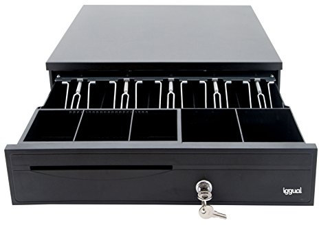 iggual - Tiroir Caisse pour Caisse Enregistreuse à Ouverture Manuelle ou Automatique, Noir, 5 Compartiments pour Billets et 5 pour Pièces, Serrure à 3 Positions, Modèle Iron - 30