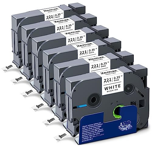6x XemaX Kompatibel TZe-221 9mm Brother Ersatz für Brother TZe-221 9mm Schriftband P-Touch Tape Weiß, Brother TZe-221 TZe 221 TZe221 AZe-221 für Brother P-Touch PT-H107B PT-D600 PT-D450 PT-D400VP