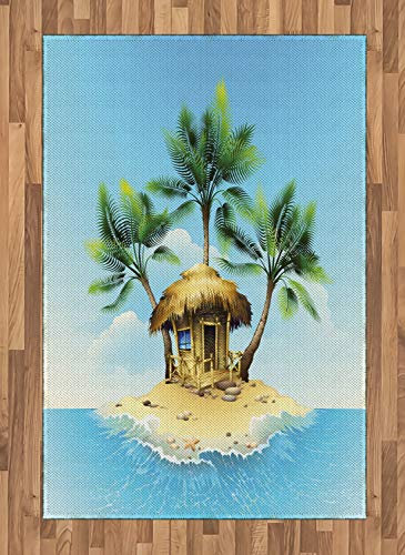 ABAKUHAUS Wendekreis Teppich, Bungalow mit Palme, Deko-Teppich Digitaldruck, Färben mit langfristigen Halt, 120 x 180 cm, Beige Grün Aqua