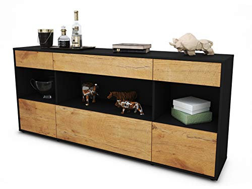 Stil.Zeit Sideboard Fabiana, Korpus anthrazit matt, Front Holz-Design Eiche (180x79x35cm) Push-to-Open Technik & Leichtlaufschienen
