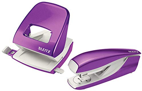 Leitz Locher (30 Blatt, Anschlagschiene mit Formatvorgaben, Metall, Wow) (Violett metallic + Heftgerät)