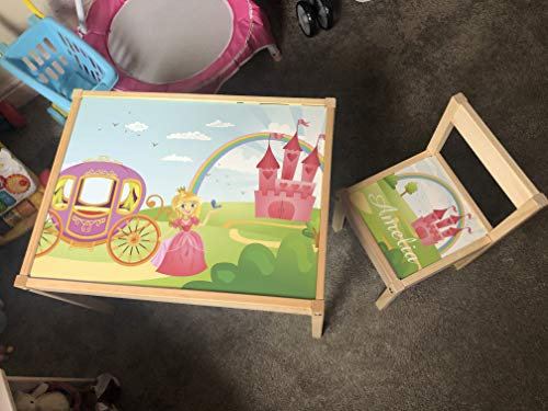 MakeThisMine Personalised Children's Table and 1 Chair LATT Wooden Name Engraved Princess Fairytale Rainbow Castle Pink Printed Play Desk Set Kids Girls Friends Boys Family