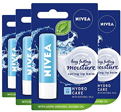 NIVEA Hydro Care Lip Balm with SPF 15, Pack of 4 (4 x 4.8g), Hydrating Moisture Care with Aloe Vera and Natural Oils for 12h