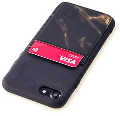 Dockem M2T Wallet Case for iPhone SE 3, SE 2, iPhone 8 & 7: Built-in Invisible Metal Plate for Magnetic Mounting with Marble Style Synthetic Leather 2 Card Slots (Black and Gold)