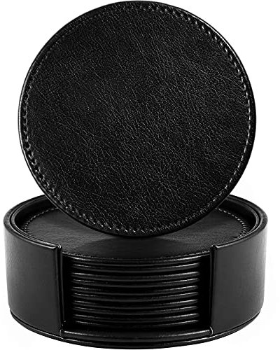 LAMOTI Untersetzer aus Leder für Getränke, 10,2 cm Getränkeuntersetzer 6 Stück mit Halter für Tischplattenschutz, handgefertigte luxuriöse Wohnkultur und Einweihungsgeschenk (schwarz)