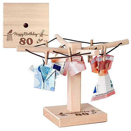 Casa Vivente Wäsche-Spinne aus Holz mit Gravur zum 80. Geburtstag, Verpackung für Geldgeschenke, Fotos und Gutscheine, Geburtstagsgeschenke, 12 x 20 cm