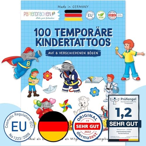 Papierdrachen 100 Tattoos für Kinder - Hautfreundliche Kindertattoos Benjamin Blümchen - kindgerechte Designs - als Mitgebsel oder Geschenkidee - 100% vegan & dermatologisch geprüft