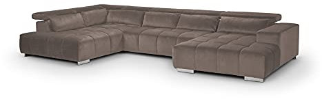 Mivano Wohnlandschaft Orion / Riesige Sofalandschaft in U-Form inkl. XL-Recamiere und Kopfteilfunktion / 409 x 73 x 225 / Velours, Grau