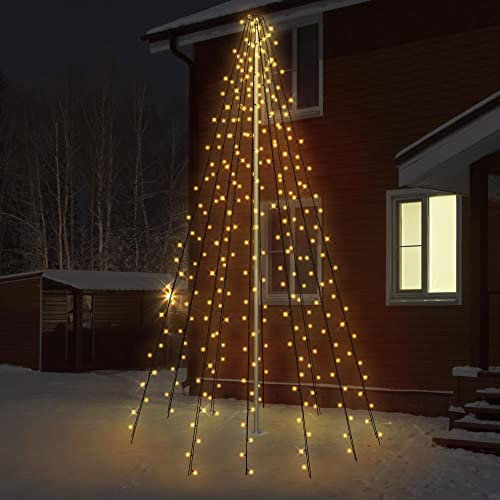 ECD Germany Fahnenmast Lichterkette, 10 Stränge à 8 Meter mit 360 LED in Warmweiß für Bäume, inkl. 10 Heringen und 10 Kabelbindern, Schwarz, IP44, Außen, Fahnenstangen Beleuchtung Außenbeleuchtung