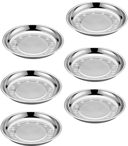 6 x Edelstahl-Teller, rund, unzerbrechlich, für Salat, Obst, Serviertablett für Erwachsene, zum, Camping, Picknick, Outdoor, 18 cm, silberfarben