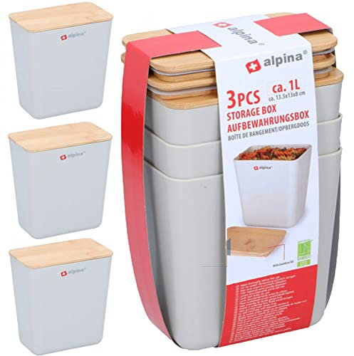 BAKAJI set 3 Barattoli Contenitori in Plastica con Tappo in Legno per Sale Zucchero Caffe Saliera Zuccheriera 180gr Design Moderno Dimensione 13,5 x 13 x 8 cm Colore Bianco