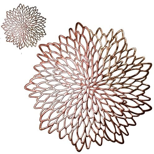 Snowkingdom 18 Pairs Rose Gold Placemats & Coasters 36 Pcs Metallic Pressed Vinyl for Dinning Table Mats Round Floral Charger Decoration for Wedding Valentine's Day Christmas Anniversaries Holiday by