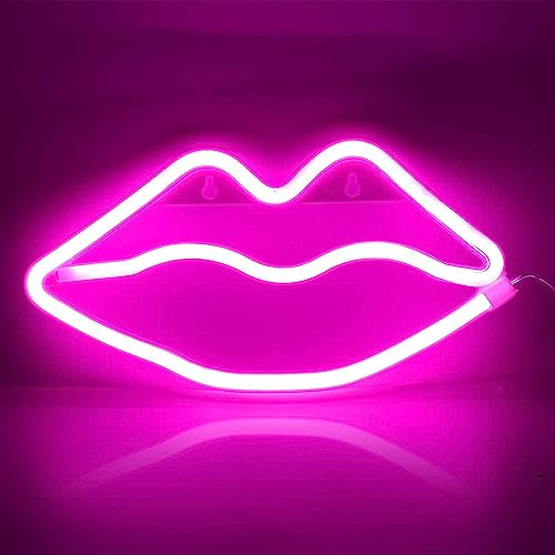 BringLuck2U Lips Shaped Neon Signs Led Romantic Art Decorative Neon Lights Wall Decor Studio Party Kids Room Living Room Wedding Party Decoration Pink