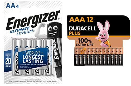 Energizer AA Batteries, Ultimate Lithium, 4 pack Double A Battery Pack & Duracell Plus AAA Alkaline Batteries [Pack of 12], 1.5V LR03 MN2400