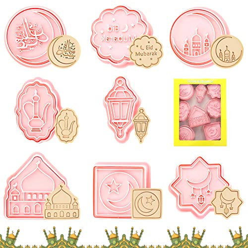 Shinybox Eid Mubarak Emporte Pièces, 8 Pièce 3D Moule Biscuit Plastique, Musulman Ramadan Cookie Moules, Moule à Biscuits pour Enfants, Emporte-Pièces en Plastique pour Biscuit, Cookie, Gâteau