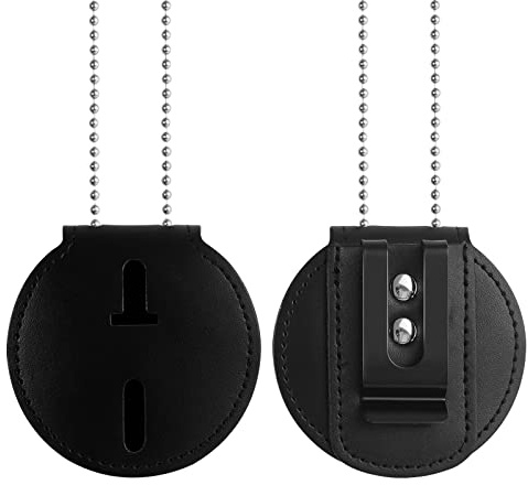 Polizei-Ausweishalter, Rindsleder, Strafverfolgungs-Ausweishalter, universeller Ausweishalter, Gürtelclip mit stationärer Metallclip und Kette für Offiziergeschenke, schwarz, rund