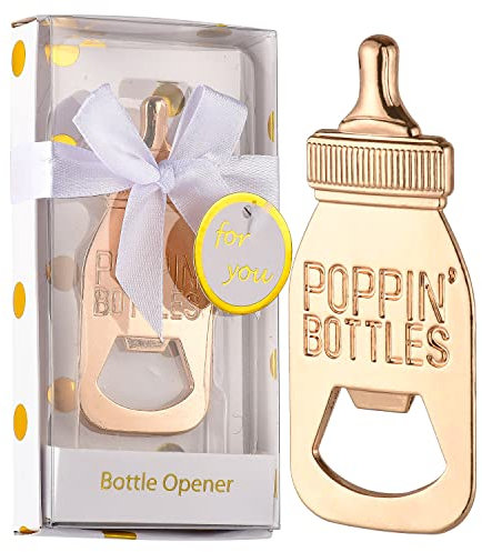 Yuokwer Bottle Opener Baby Shower Favor for Guest,Cute Poppin Baby Bottle Shaped Bottle Opener Favors for Baby Shower Favor Decoration (Gold, 24)