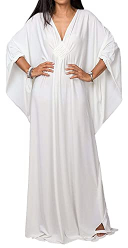 JFAN Copricostume Donna Mare Lungo Scollo a V Maxi Abito Lungo da Spiaggia Caftano Mare Copricostumi da Bagno per Donna(Bianco,Taglia Unica)