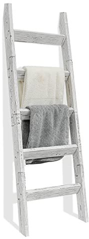 FUIN 5ft Wood Blanket Ladder Living Room Decorative Wall Leaning Farmhouse Quilt Display Holder Storage Wooden Towel Rack for Bathroom, Rustic White